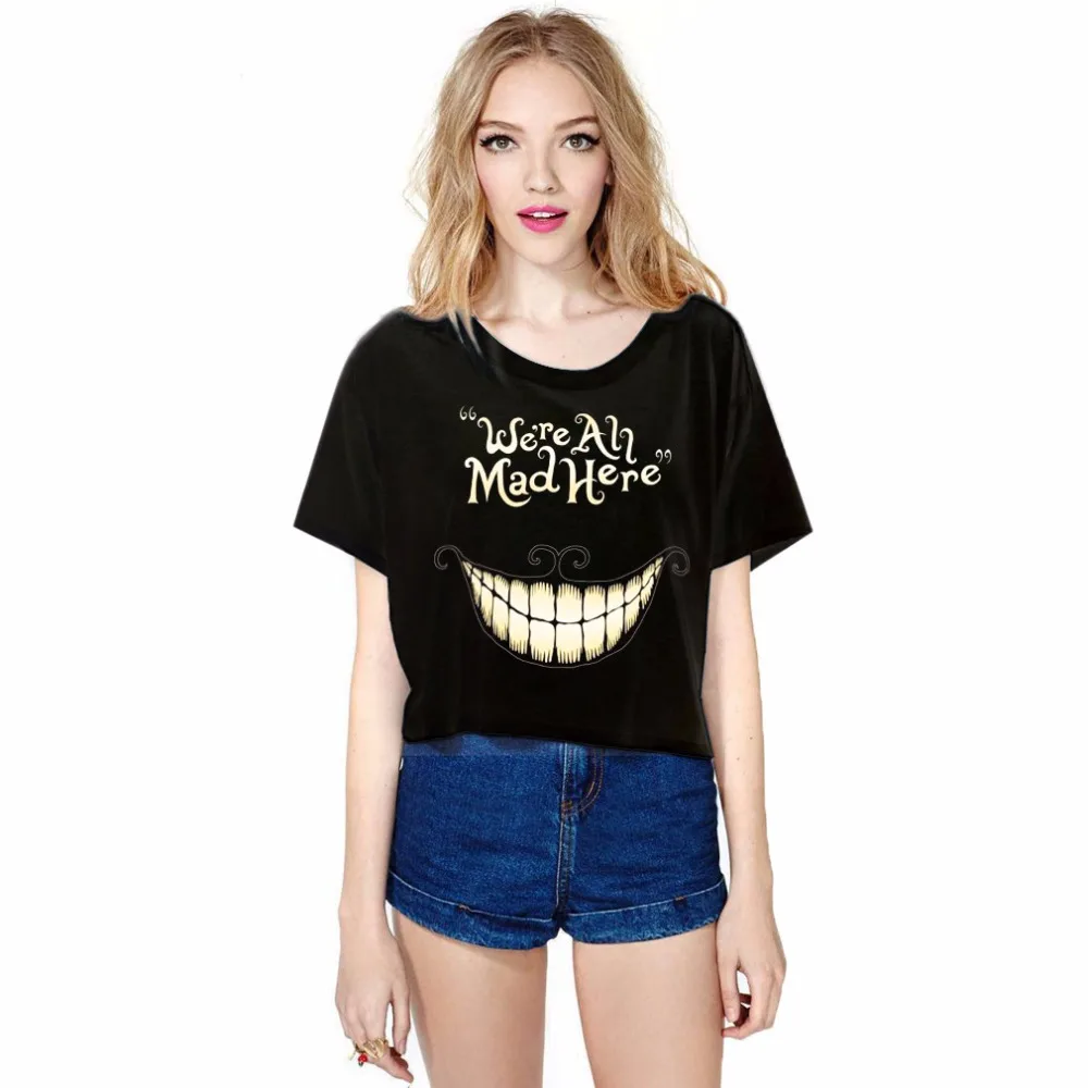 

New Fashion Brand Women T-shirts Digital Print Top Cheshire Cat t shirts Stretch Cotton tees Personality Smile Expression tops