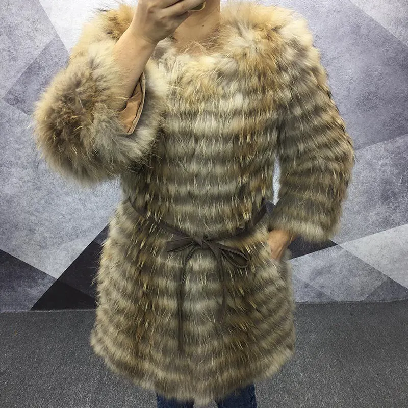 

2018 women raccoon fur genuine fur coat long slim autumn and winter strip outwear lady real animal hair jacket chinese wholesale