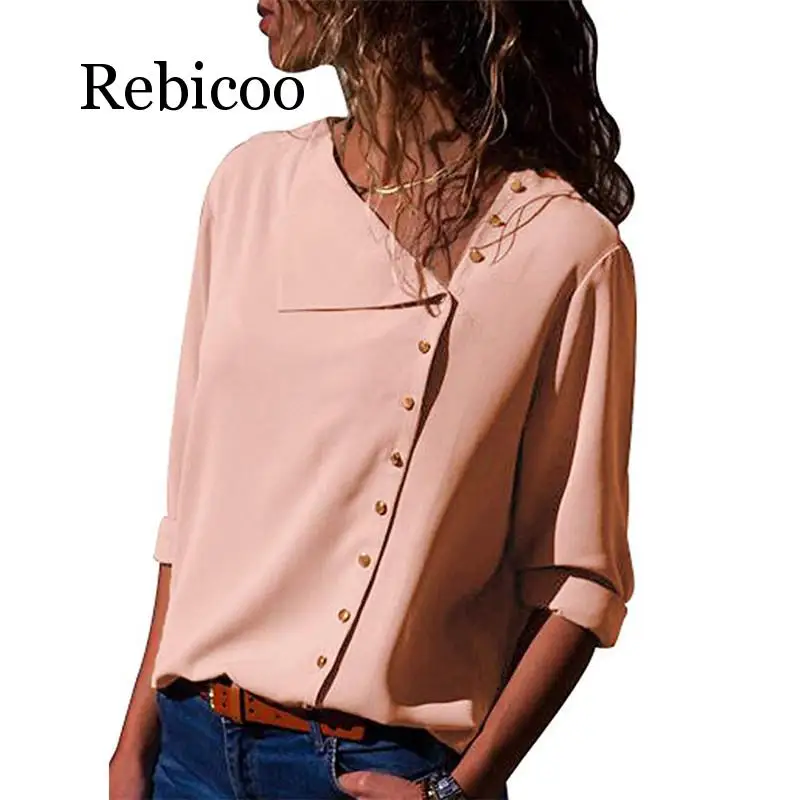 Chiffon Blouse 2019 Fashion Long Sleeve Women Blouses and Tops Skew Collar Solid Office Shirt Casual Tops