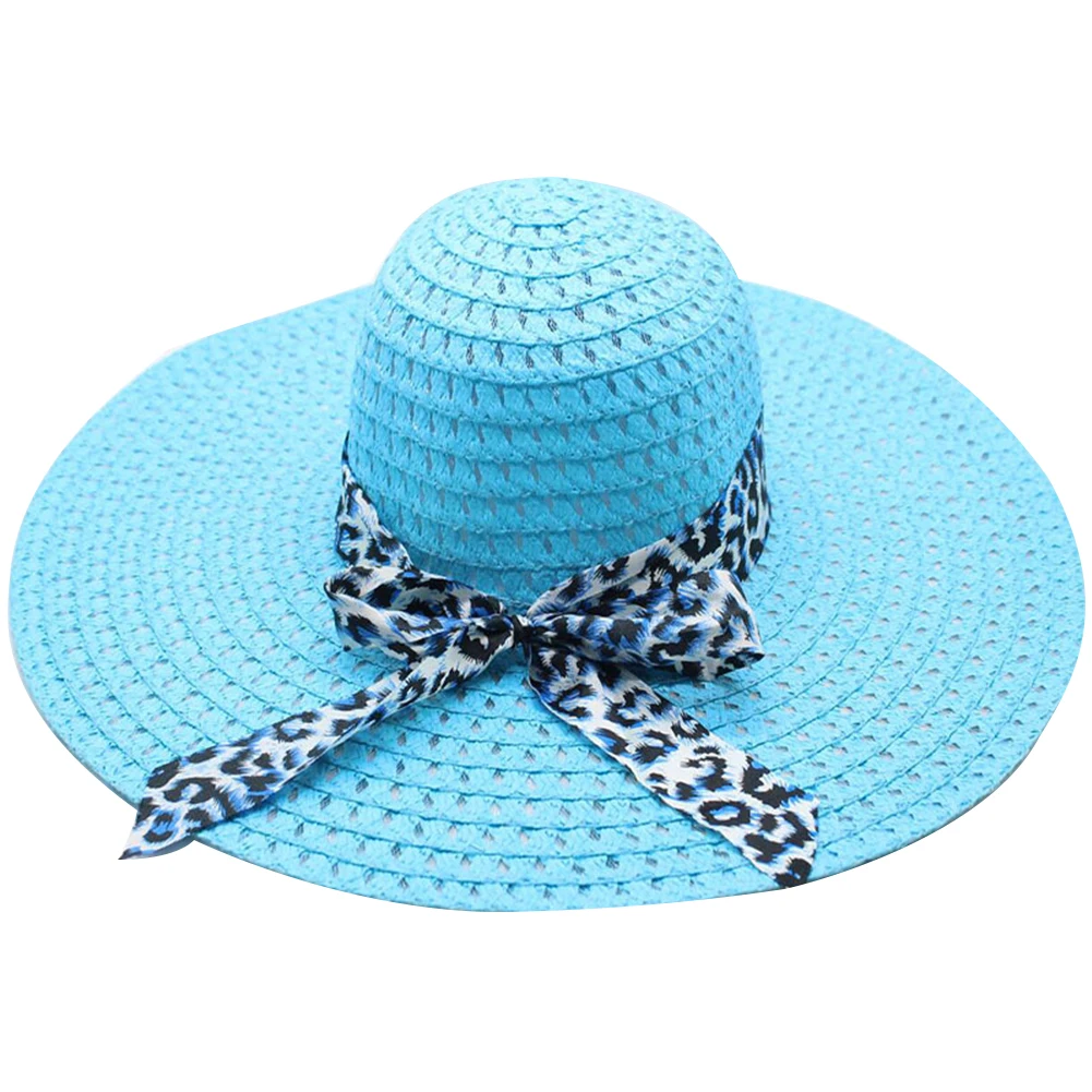 

Women Straw Hat Ladies Foldable Bowknot Ribbon Cap Summer Fashion Wide Brim Leopard Print Beach Sunscreen Outdoor Travel Bowler