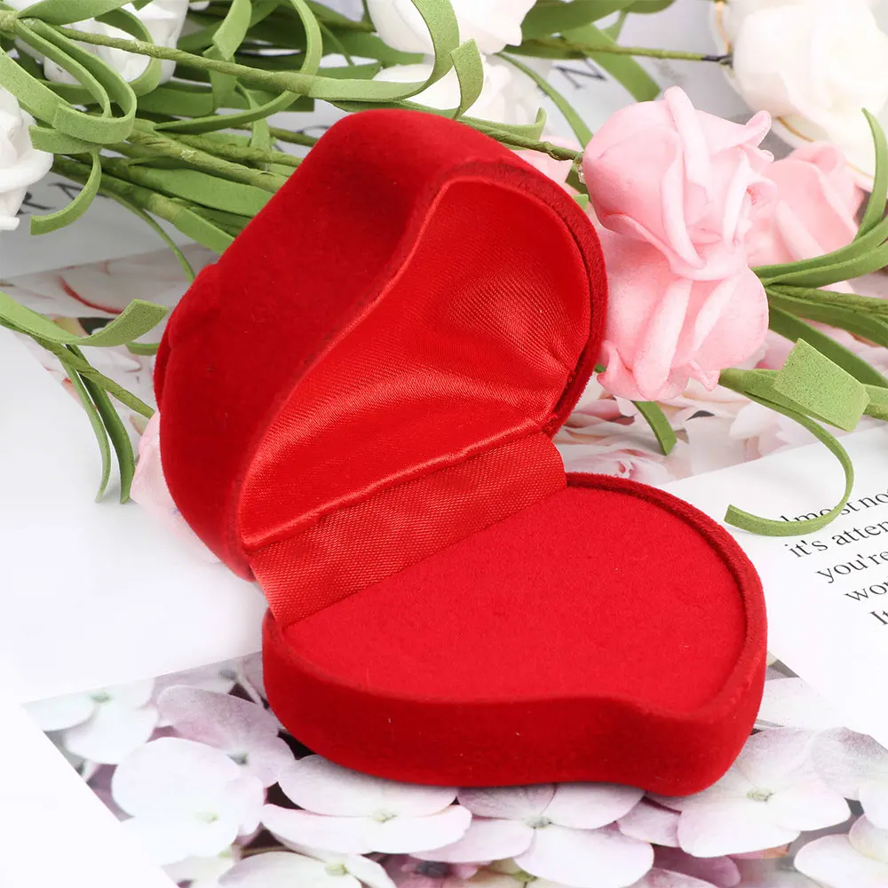 

High Quality Red Heart Shape Velvet Engagement Wedding Ring Box Jewelry Boxes Rose Flower Design Gifts Holder Packaging Box