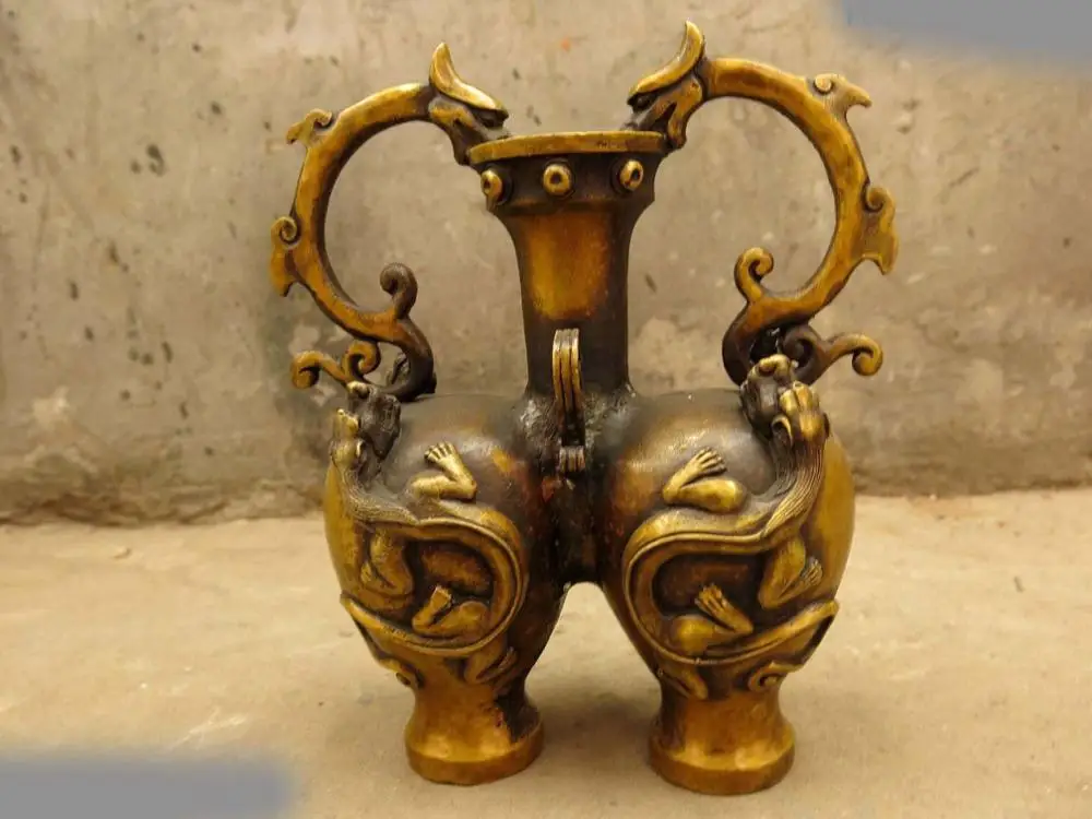 

China brass sculpture carved fine copper beautiful two dragon Vase Statue