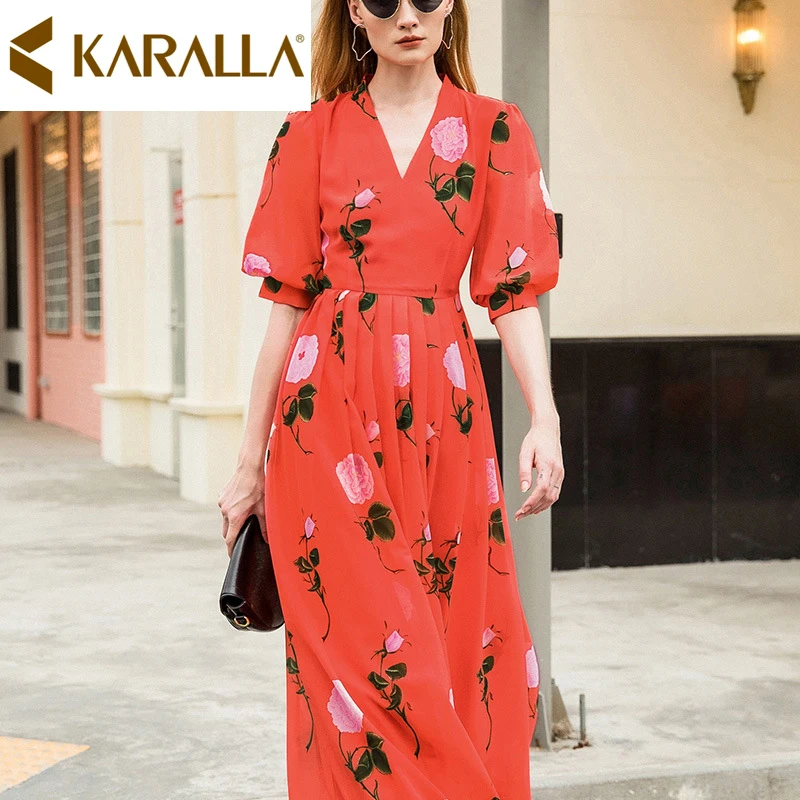 

Low Inventory Hot Sale Fashion Printed Lantern Sleeve V-collar Lace-up Waist Red Dress Elegant Women Ankle-Length Dress C896