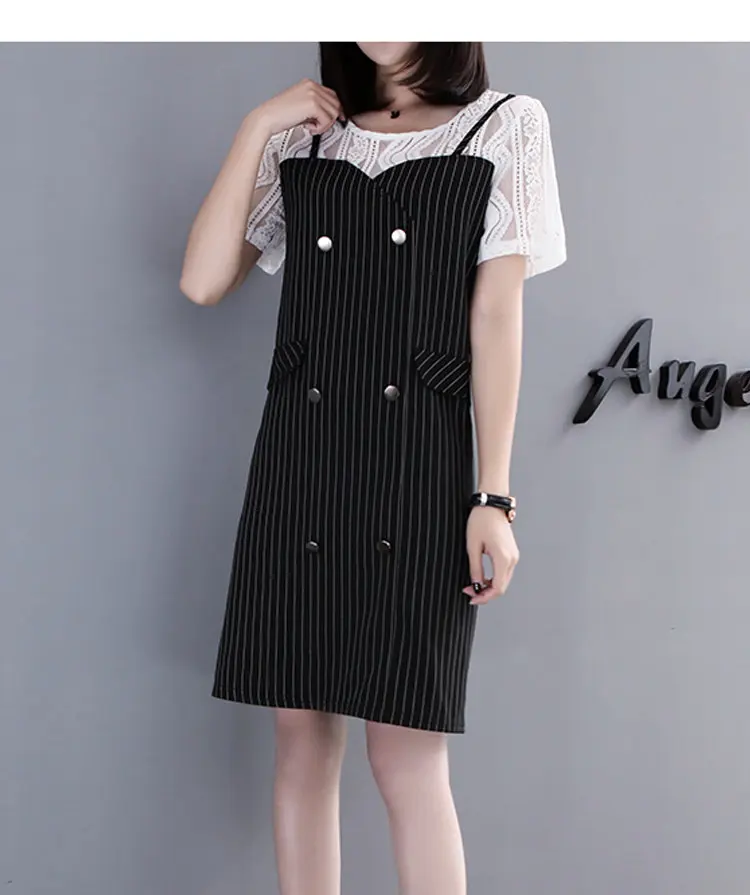 Summer Fake Two Pieces Dresses Women 2018 Fashion Striped Dress Lace Patchwork Robe Femme Short Sleeve Plus Size Vestidos Mujer (5)