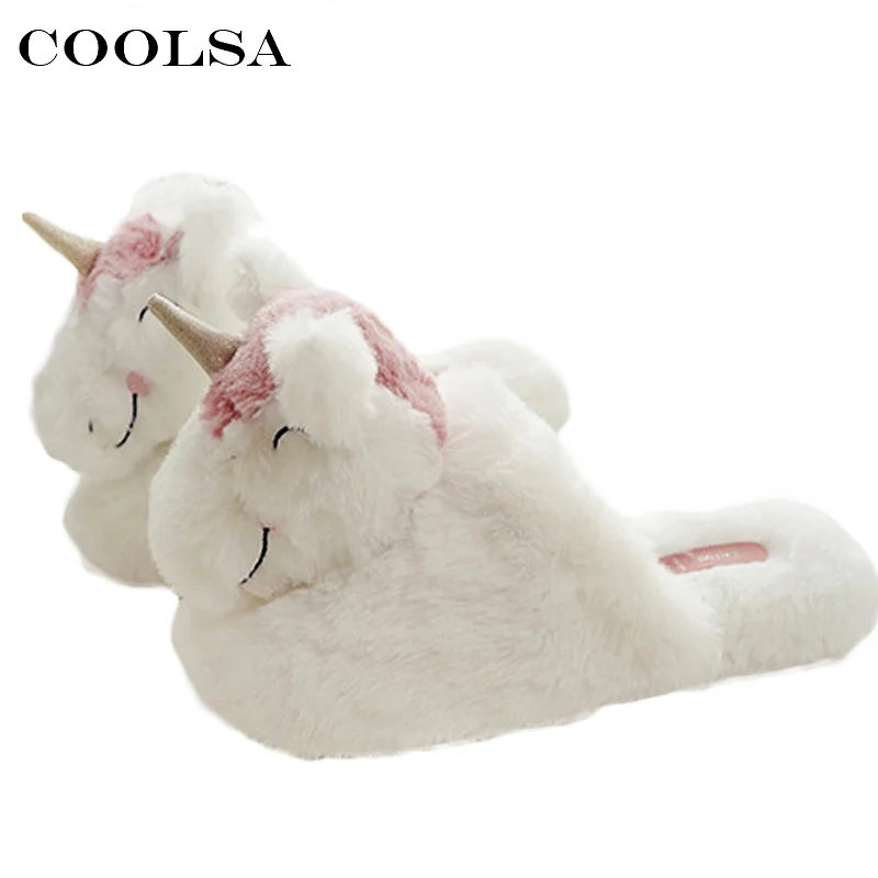 Coolsa Winter Warm Unicorn Slippers Women Fluffy Plush Slides Cotton Fabric Cartoon Animal Home Slipper Female Cute Flat Shoes