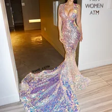 Сексуальное с глубоким v-образным вырезом длинное блестящее розовое платье для выпускного с пайетками со шлейфом вечернее платье в африканском стиле