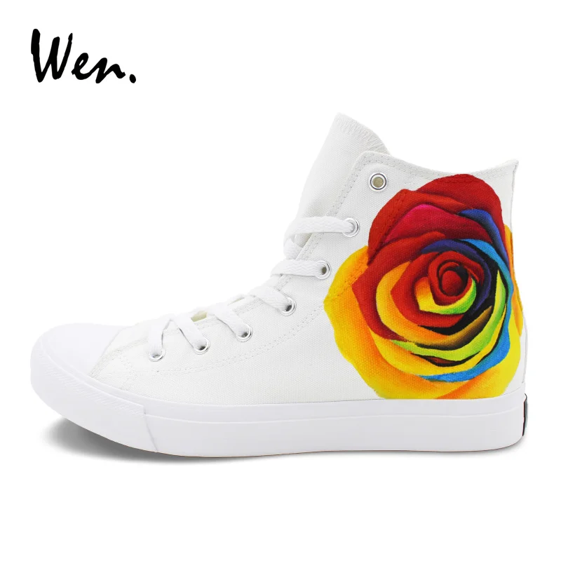 

Wen Original Design Colorful Rose Hand Painted Canvas Shoes for Men Women White High Tops Flower Floral Skateboarding Flat