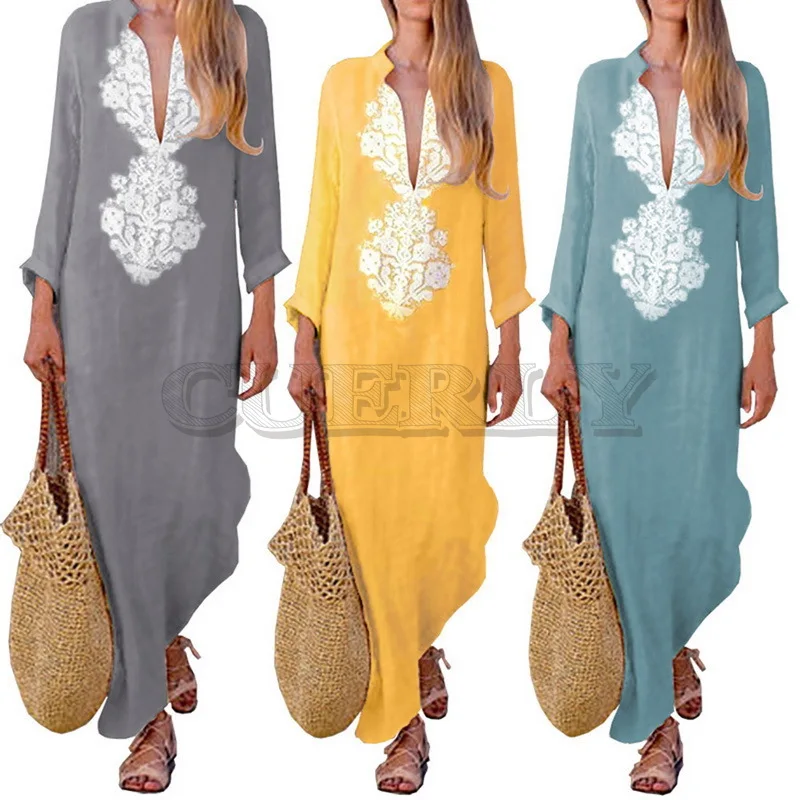 Image CUERLY Summer Boho Long Maxi Dress Long Sleeve V neck Women Dress Clothes Loose Ladies Party Summer Casual Beach Sundress