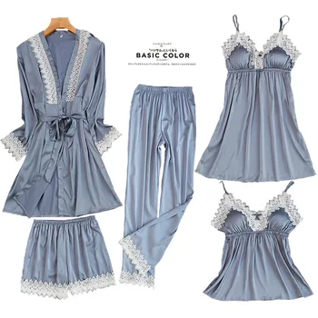 

Gray Womens 5PC Strap Top Pants Suit Pajamas Sleepwear Sets Spring Autumn Home Wear Nightwear Sexy Kimono Robe Bath Gown M-XL