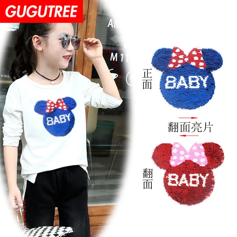 

GUGUTREE embroidery Sequins big bowknot patches baby mouse patches badges applique patches for clothing XC-144