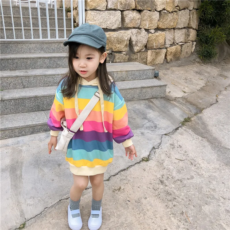 

DFXD 2019 Spring Cotton Long Sleeve Rainbow Striped Long Pullover Hooded Sweatshirts Kids Clothes Girls Fashion Tops For 2-8Yrs