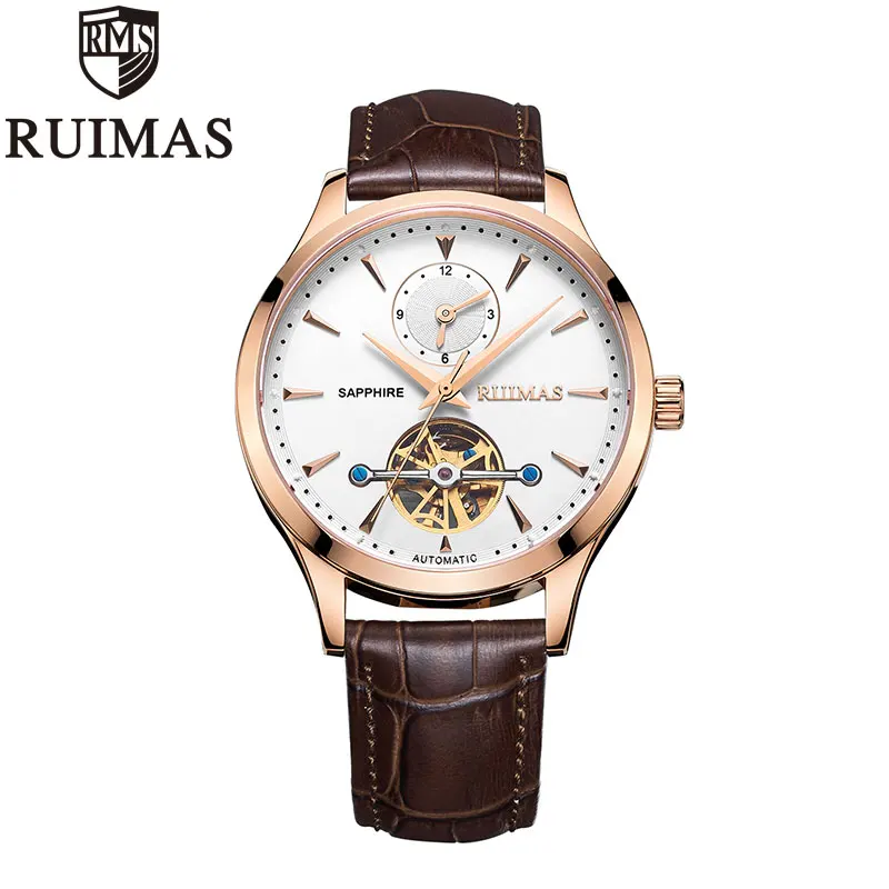 Ruimas Мужские механические часы Tourbillon Роскошные модные брендовые кожаные мужские