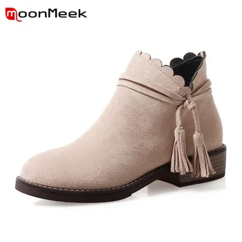

MoonMeek hot sale 2020 simple round toe ankle boots ladies casual low heel flock woman boots big size 33-43 autumn winter boots