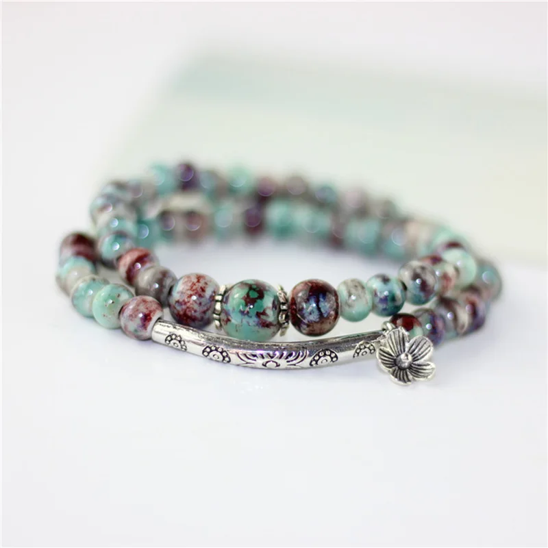 

Flower Ceramic Beads Double Bracelets Natural Stone Charm Handmade Accessories Bronze Porcelain Statement Bangles Fashion Gift