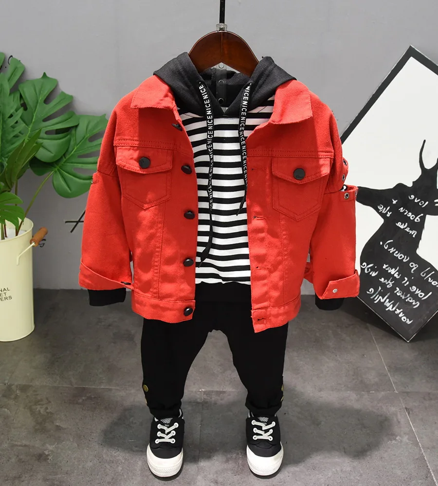 

Children Boys Cotton Clothes Boys Denim Jacket + Hooded + Pants 3pcs/Sets Toddler Fashion Clothing Sets Baby Tracksuits 2-7years