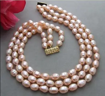

new 3 Rows9-10mm natural Australian southseagold pink pearl necklace17"-19"14K