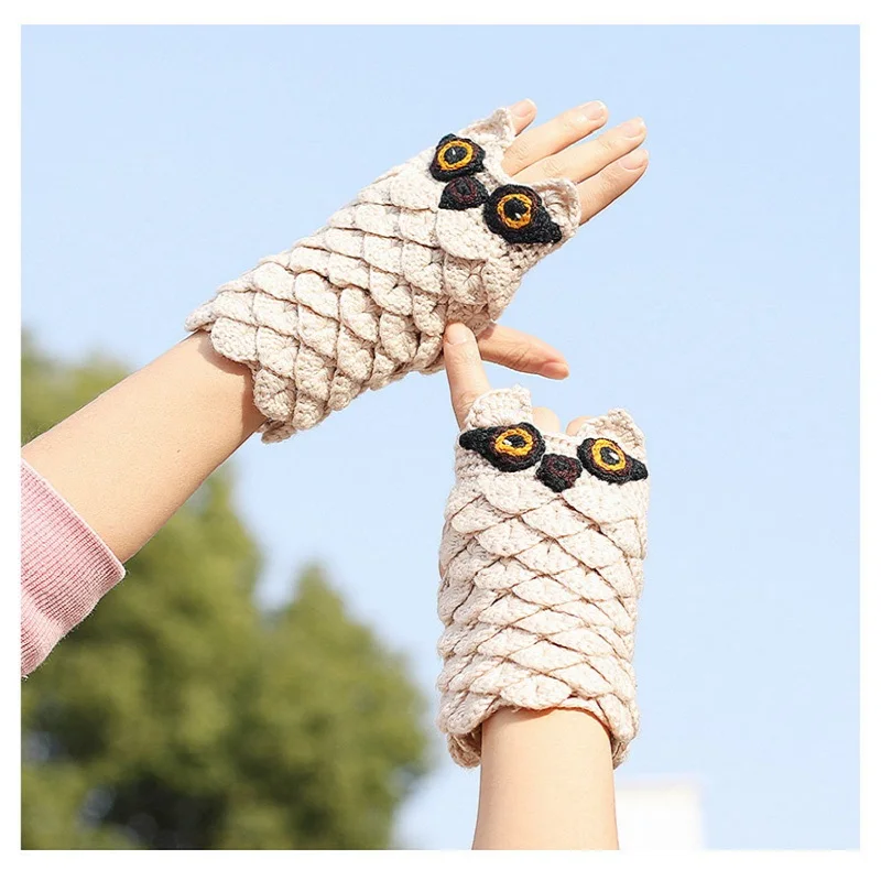 Gloves Female Winter Warm Knit Half Finger Wool Thickening Jacquard Korean Version Of The Finger Owl Cartoon Writing - Цвет: beige