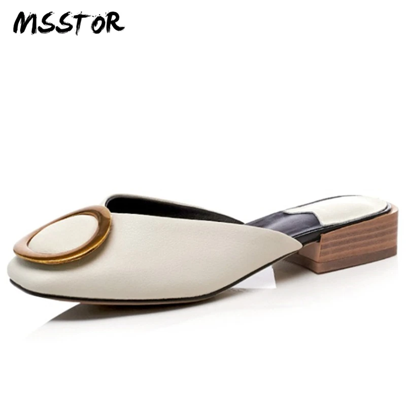 

MSSTOR Metal Decoration Mules Shoes Women Off White Genuine Leather Wood Sweet Summer Shoes High Heels Square Toe Women Slippers