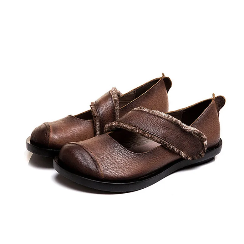 CEYANEAO/весна-лето-осень; женские туфли-лодочки в стиле ретро из натуральной кожи с бахромой; обувь с ремешком на щиколотке на резиновой подошве - Цвет: Коричневый