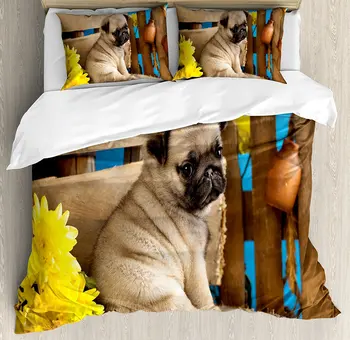 

Pug Duvet Cover Set Adorable Puppy Photography with Sad Dog and Wildflowers on a Park Bench Decorative 4 Piece Bedding Set