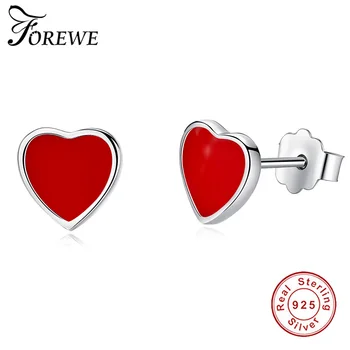 

FOREWE 2019 New 925 Sterling Silver Red Enamel Heart Earrings for Women Girl Kids Children Stud Earrings Silver 925 Jewelry Gift