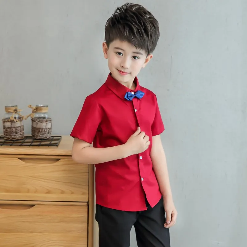 Teenage Boys White Shirt Summer 2019 Cotton Bow Design Short Sleeve Big Boy Button Down Shirts Children Tie Blouse|Рубашки| |