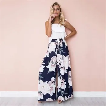 

Trendy Women High Waist Flower print casual bandage Trousers Wide Leg Loose Polyester Pants one pieces