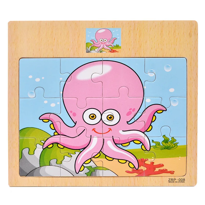 12 штук, пазлы для раннего образования, деревянные игрушки для детей, Мультяшные животные, дорожные познавательные головоломки, интеллектуальные игрушки - Цвет: Octopus