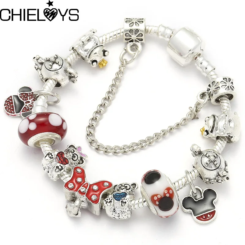 

CHIELOYS Original Snake Chain Brand Bracelet Cartoon Mickey Princess Beads Charm Bracelets For Boy & Girl Jewelry Gift BA127
