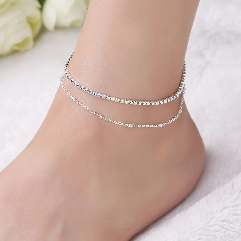 

Tobilleras de verano a la moda de Color plata de doble cadena de cristal joyería descalza para mujeres coloridas playa pie tobillera pierna pulsera