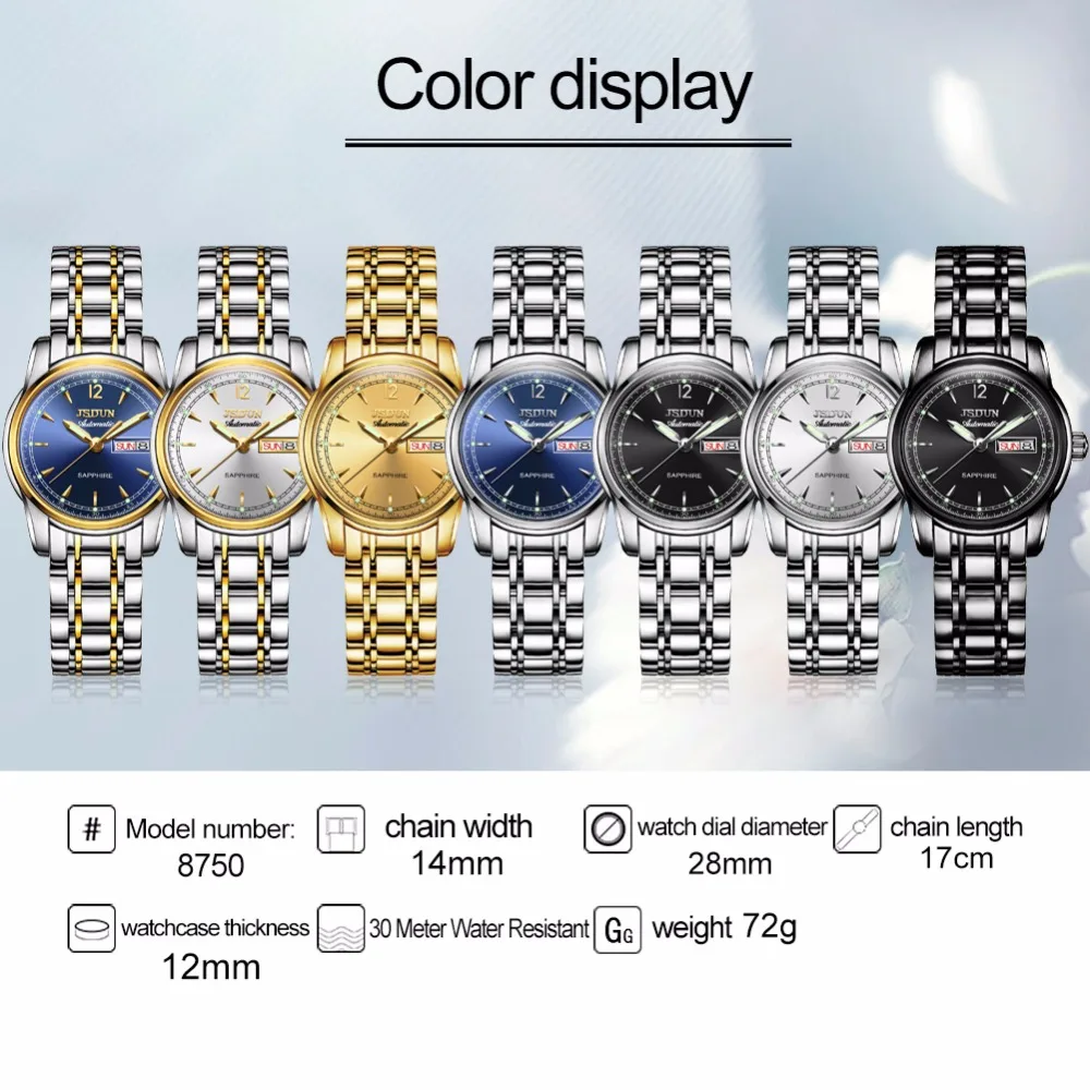 JSDUN женские часы автоматические механические часы женские водонепроницаемые часы Роскошные Брендовые Часы светящиеся стрелки Дата Неделя повседневные часы