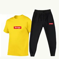 Летние Для мужчин наборы футболки + Штаны комплекты из двух предметов из хлопка с принтом спортивный костюм мужской футболки спортивная