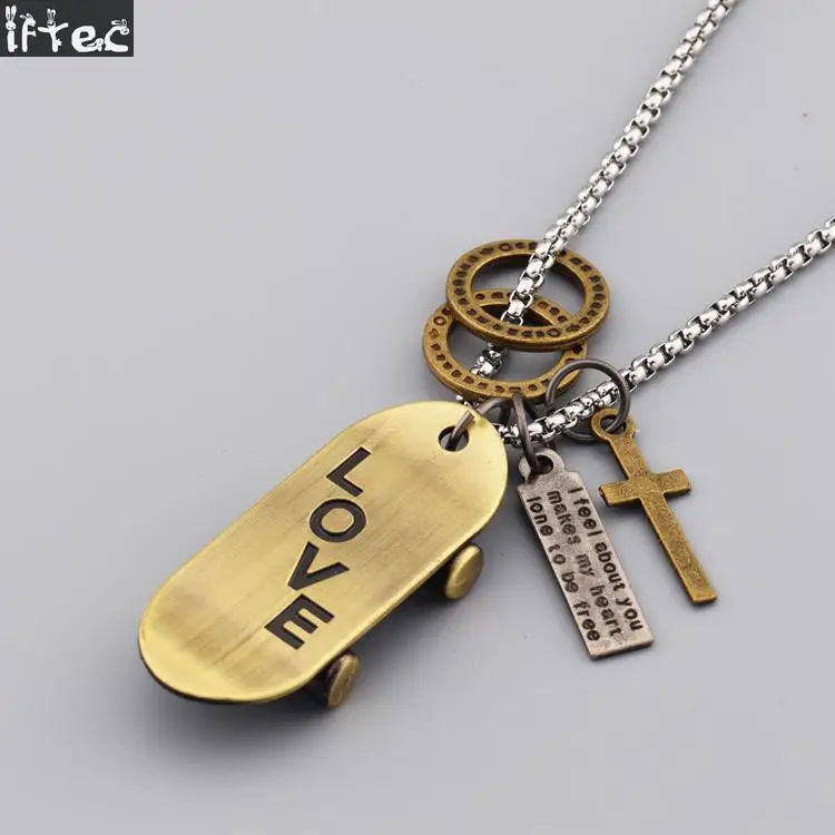 Vintage Bronze Skateboard Necklace Titanium Steel Chain Pendant Charms