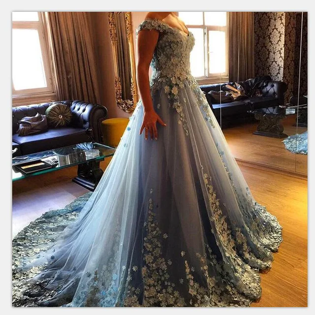Blue Ball Gown Full Flower Celebrity Dresses V Neck Off The Shoulder Blue Ball Gown Full Flower Celebrity Dresses V Neck Off The Shoulder Tulle Formal Evening Gowns