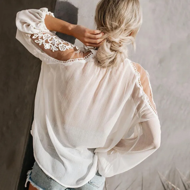Шифоновая Женская Повседневная кружевная блузка с v-образным вырезом и длинными рукавами
