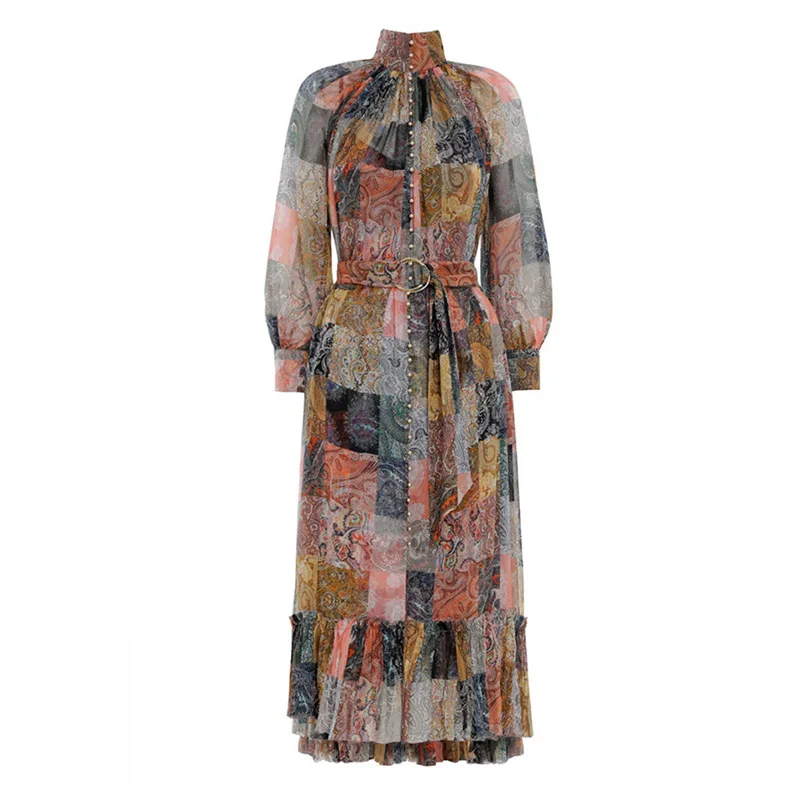 

GoodliShowsi 2019 Summer Woman Dresses New Arrival Vintage Plaid Print Mid-Calf V-Neck Empire Lacing Long Latern Sleeve