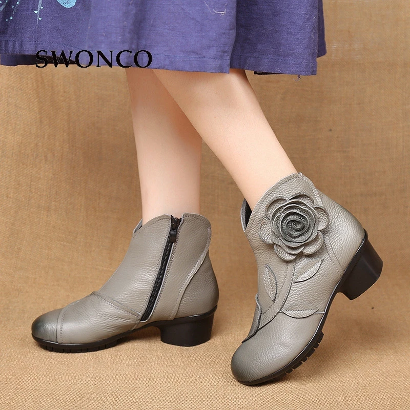 

SWONCO Women's Boots 2018 Autumn Genuine Leather Square Heel Ladies Shoes Winter Snow Boots Women Ankle Shoes Handmade Shoe