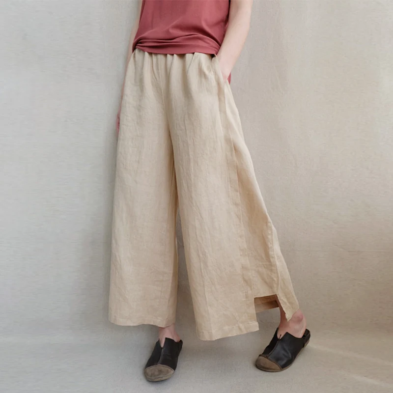 5XL ZANZEA, женские широкие брюки, летние, повседневные, эластичная талия, хлопок, лен, свободные панталоны, расклешенные брюки, уличная одежда размера плюс - Цвет: Beige