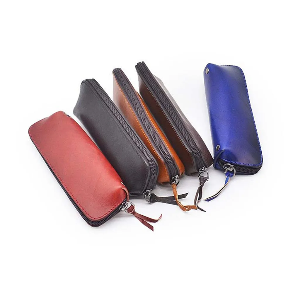 Retro Leather Pencil Bag Zipper Pencil Case Pen Pouch Organizer