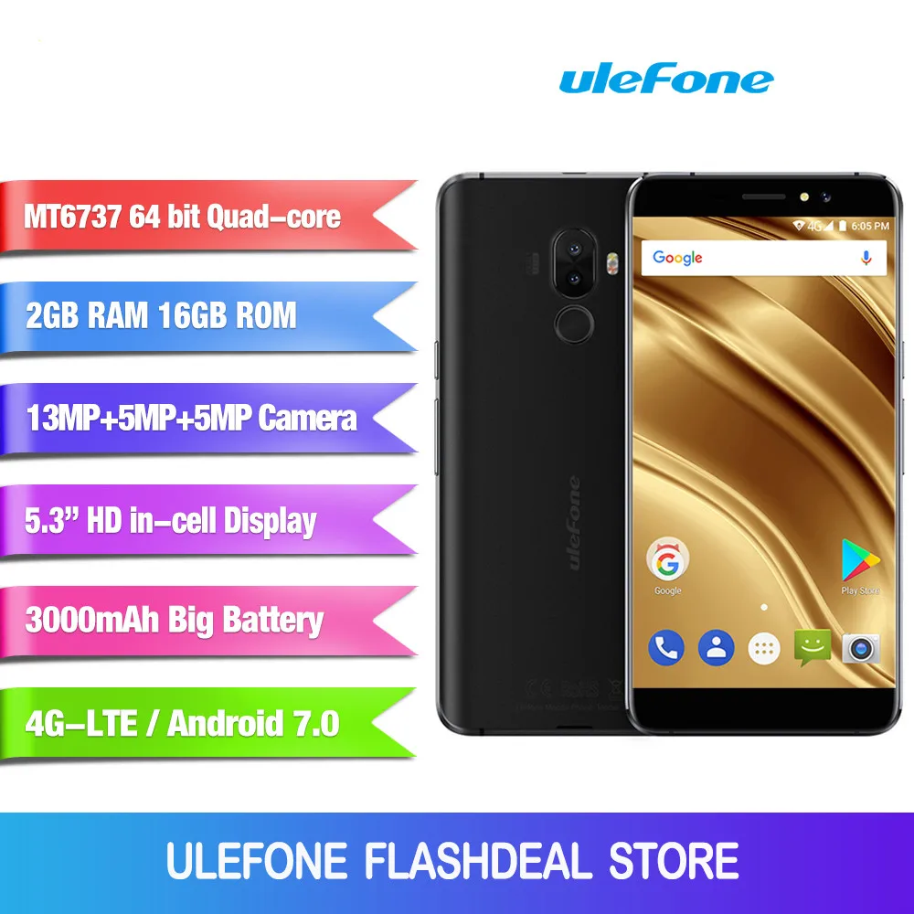 

Ulefone S8 Pro Dual Rear Cameras Android 7.0 MTK6737 Quad Core 5.3''HD 13MP 2GB RAM 16GB ROM 3000mAh 4G LTE Mobile Phone