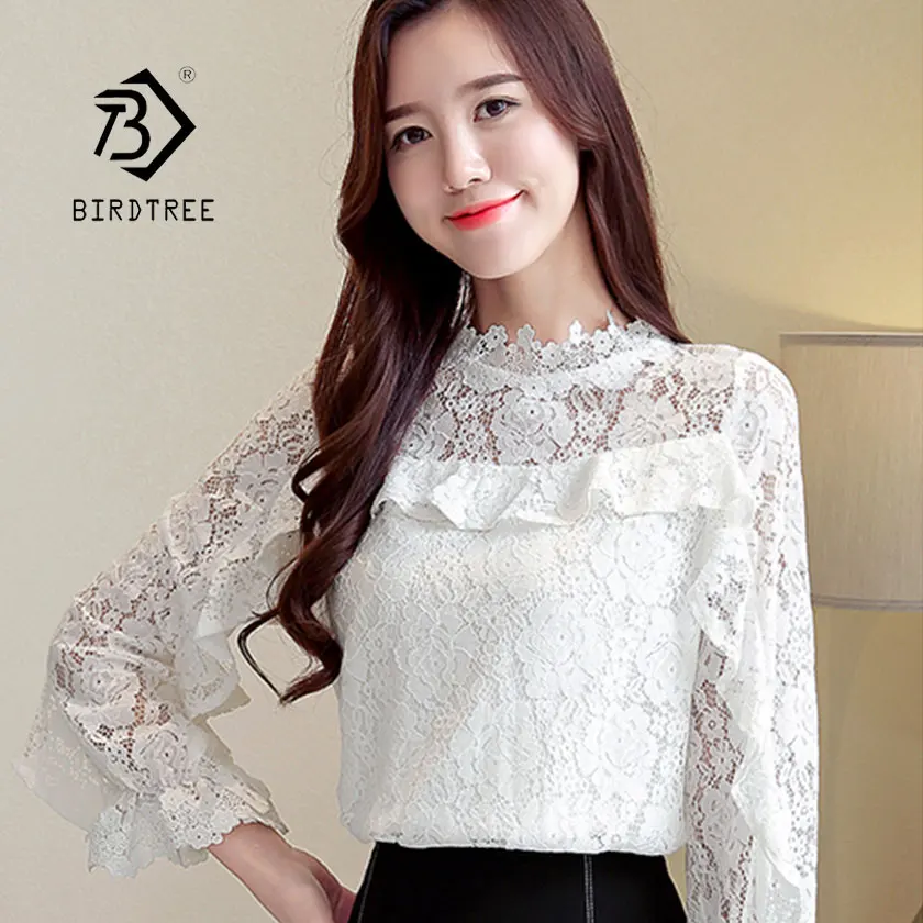 

2019 New Fashion White Lace Hollow Floral Patchwork Ruffles Shirts Women's Full Sleeve O Neck Blouses Office Lady Sales T91723Z