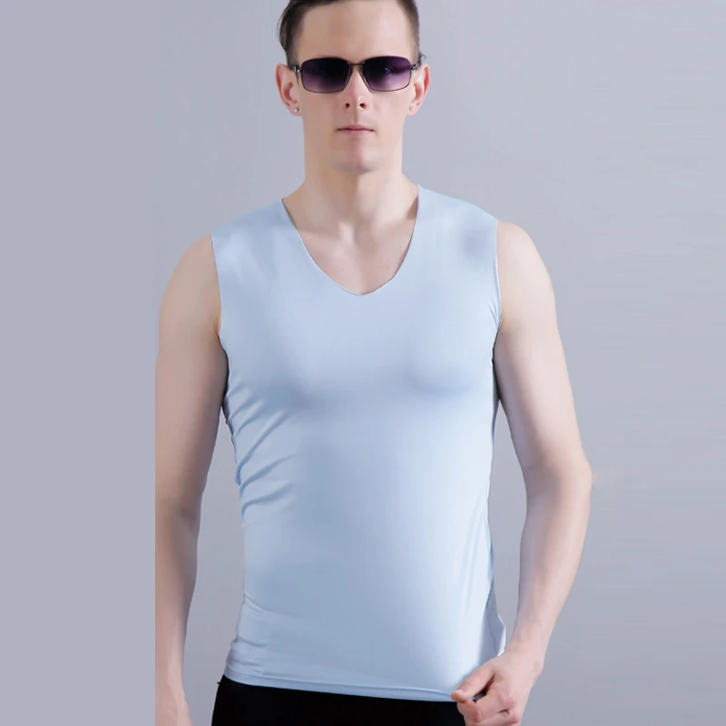 Летняя мужская бесшовная Майка Canotte Ice Silk Tank Top удобный Стрингер Мышцы жилет без рукавов для бега фитнес тренажерный зал одежда - Цвет: Небесно-голубой