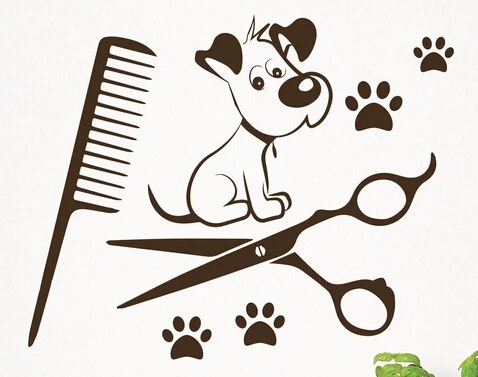 DCTAL Pet Shop Vinyl Wall Decal Pet Grooming Salon Dog Scissors Shop Comb Mural Art Wall Sticker Pet Salon Room Decoration
