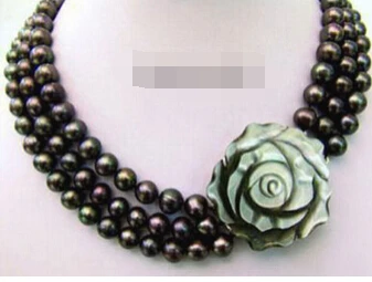 

zj 00033 3 Rows 7-8 mm Genuine Black Pearl 18KWGP Shell Flower Clasp Necklace
