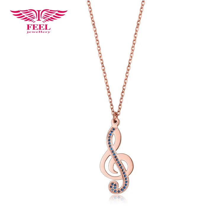 2014 Fashion Jewelry Rose Gold Blue Crystal Hip Hop Music Note pendant Symbol Sign Necklace For
