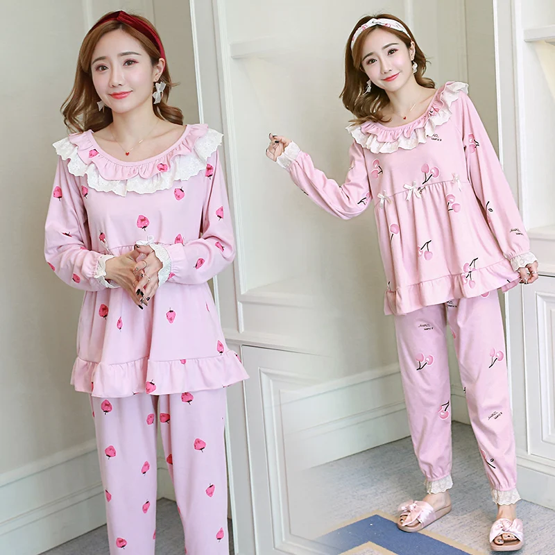

2018 Autumn 100% Cotton Pajamas Sets for Women Long Sleeve Pyjama Girls Cute Lace Pijama Sleepwear Lounge Homewear Home Clothing