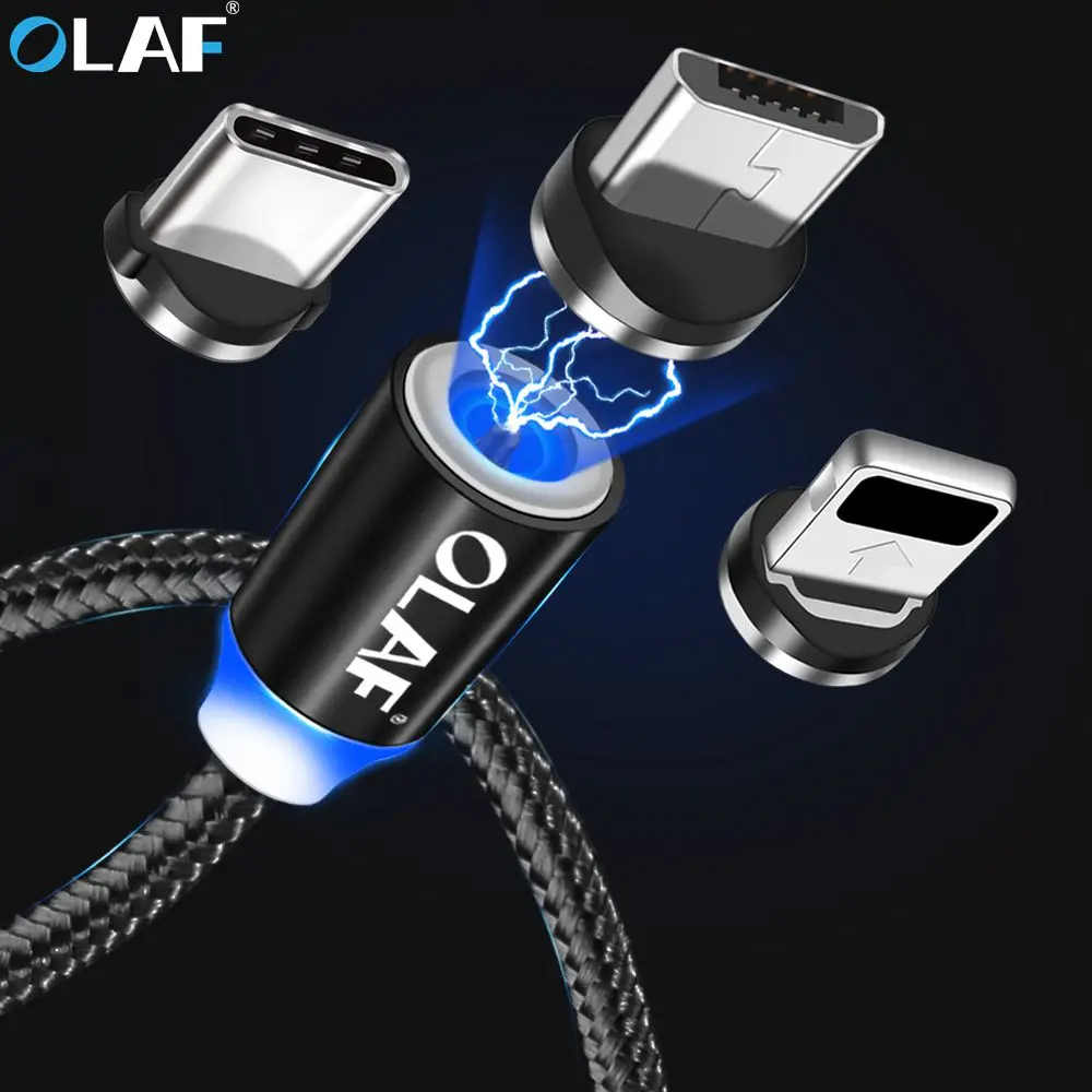 OLAF LED 2m 1m Magnetic Cable for iPhone Micro usb Type c nylon Magnetic usb charging cable for samsung sony magnet charger cord
