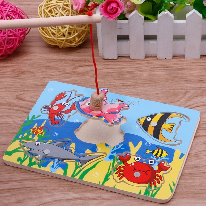 Baby Kids Magnetic Fishing Game 3D Jigsaw Puzzle Board Wooden Educational Toy HC6U Drop shipping