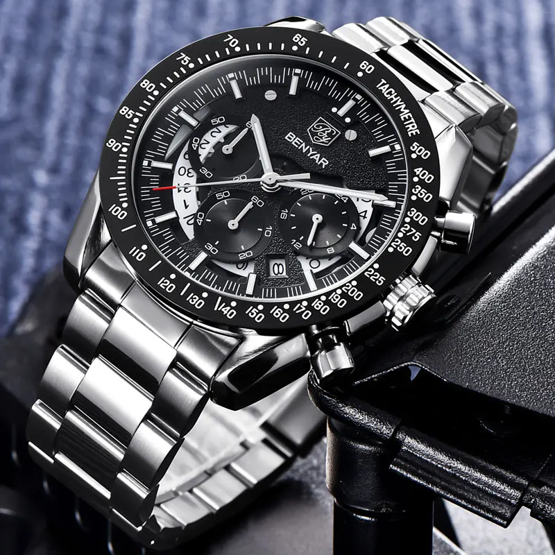 

2019 BENYAR Men's Watches Top Luxury Quartz Steel Wrist Watch Mens Multifunction Waterproof Sports Clock Relogio Masculino+Box