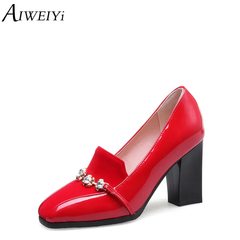 

AIWEIYi High Heel Shoes Woman Square toe Slip On Platform Pumps Shoes Rhinestone Spring Autumn Casual Shoes Woman